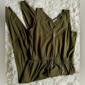 Calvin Klein Romper Jumpsuit Pantsuit Jumper Sz XL Olive Green Rhinestone